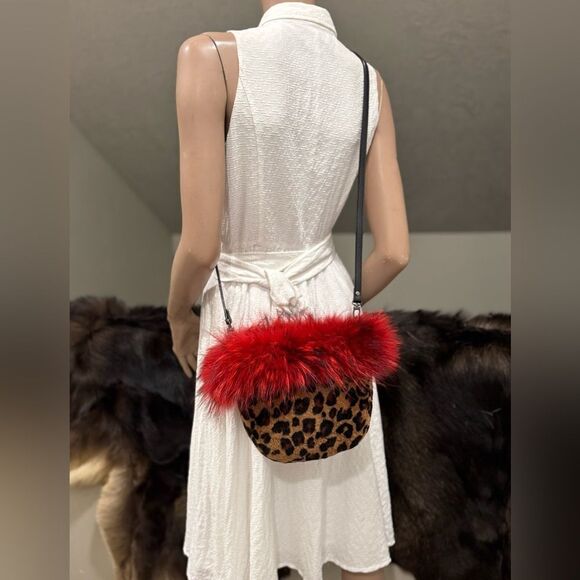 Leopard Handmade Real Fox Fur & Shearling leather Top Handles Bag/Multi Use Bag - Picture 6 of 16
